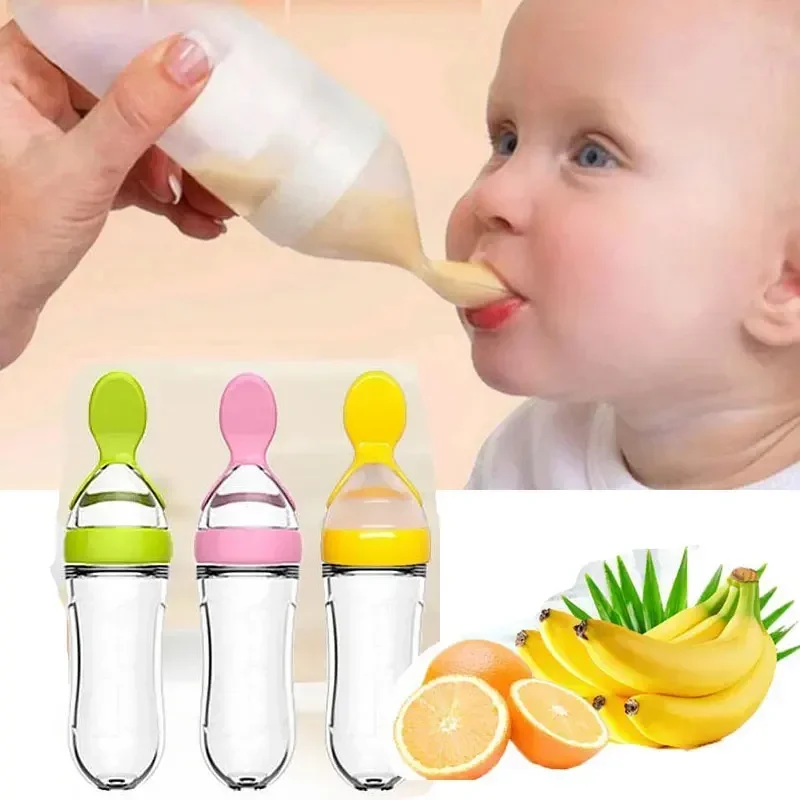 kf-Sea4e28346b1341ca8150a46f92e140a0v Safe Useful Silicone Bottle With Spoon Food Supplement Rice Cereal Bottles Squeeze Spoon Milk Feeding Bottle Cup - Image 1