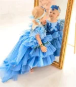 CustomizedNew Cute Blue Tulle Girl First Birthday Party Gowns Appliques Lace O Neck Flower Girl Dress Infant Wear - Image 5