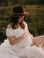 Boho Gender Reveal Maternity Photoshoot Dress Off Shoulder Pleated Maxi Gown Pregnancy Photography Outfit Shower Wear - Image 6