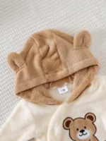 Adorable Bear Plush Romper with Hood Warm Material Bear Ear Detail Bear Print Footed Onesie for Infants - Image 3