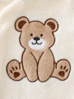 Adorable Bear Plush Romper with Hood Warm Material Bear Ear Detail Bear Print Footed Onesie for Infants - Image 4