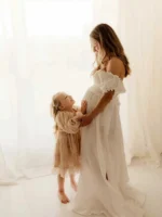 Boho Gender Reveal Maternity Photoshoot Dress Off Shoulder Pleated Maxi Gown Pregnancy Photography Outfit Shower Wear - Image 5