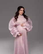 Softy Pleated Illusion Pregnancy Maternity Dress Pink Babyshower Party Wear Draped Maxi Prom Gowns Maternity Dresses for Photo - Image 4